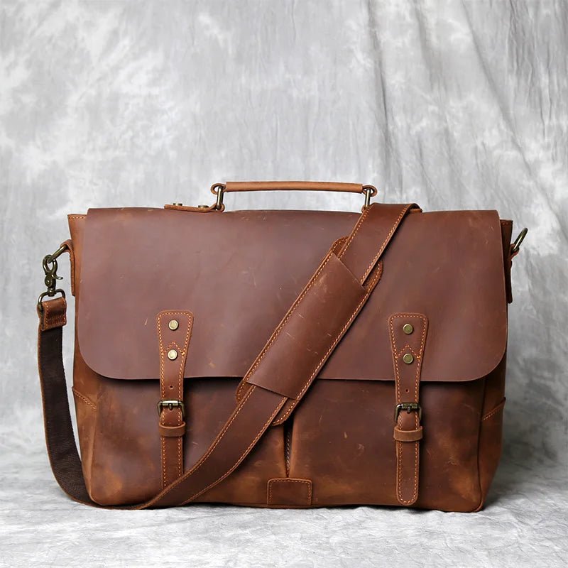 NZPJ Retro Leather Men's Handbag Top Layer Leather Horizontal Computer Bag Crazy Horse Leather Men Casual Shoulder Messenger Bag