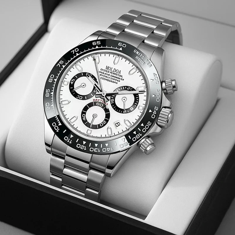 A Men's Silver Stainless Steel Trendy Multifunctional Quartz Watch with Dot and Line Display