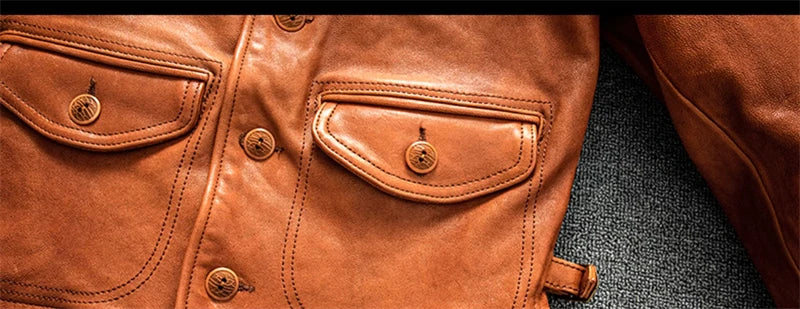 Orange Spring Leather Jacket Men Japan Casual Style Plus Size 5XL Natural Sheepskin Single Breasted Short Genuine Leather Coat