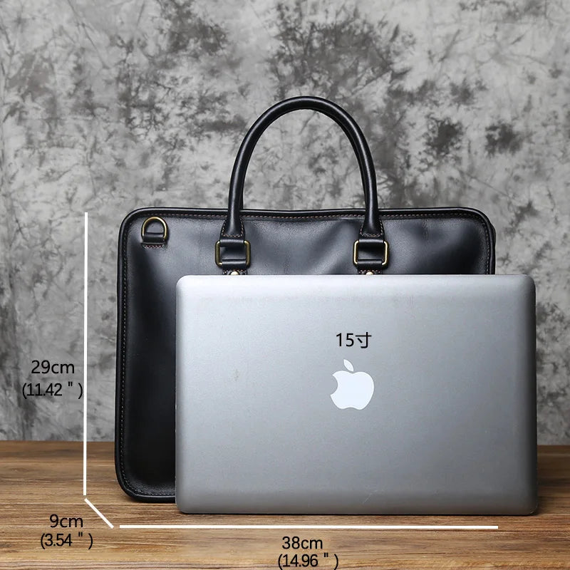 NZPJ Men's Briefcase Leather Handbag Retro Top Layer Cowhide Laptop Bag Crazy Horse Leather Shoulder Messenger Bag Luxury Bag