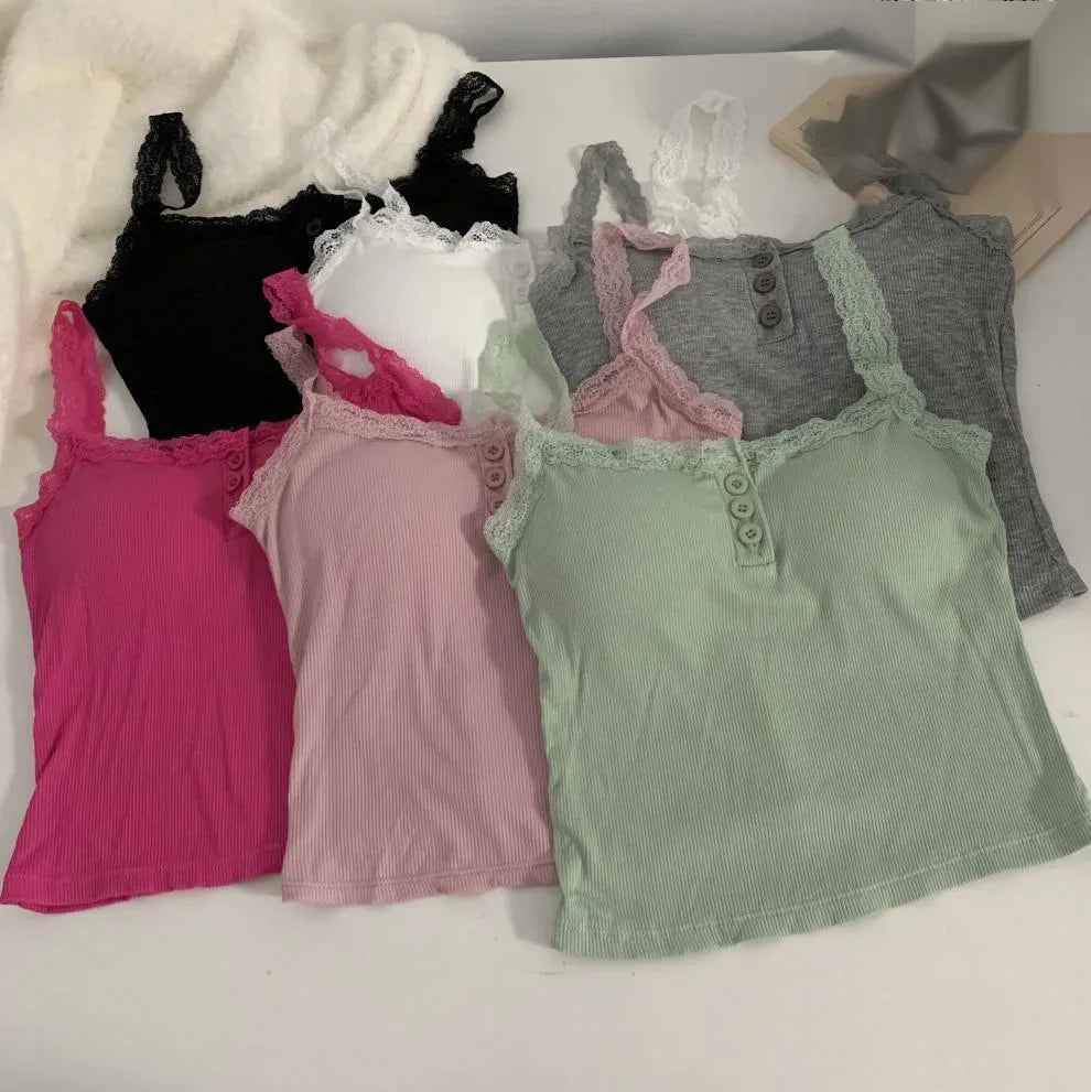 plus Size Lace Insert Camisole Tank Top with Chest Pad Inner Wear Outerwear Design Sense Bottoming Vest Big Size Women