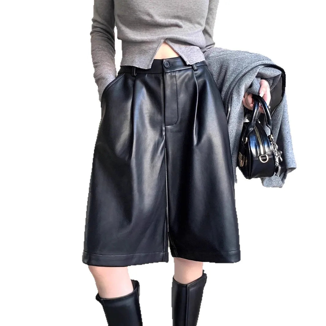 High Waist Loose Casual PU Leather Short Boot Pants Women's Autumn Winter A-Line Five-Quarter Pants Small Size Wide Leg Pants