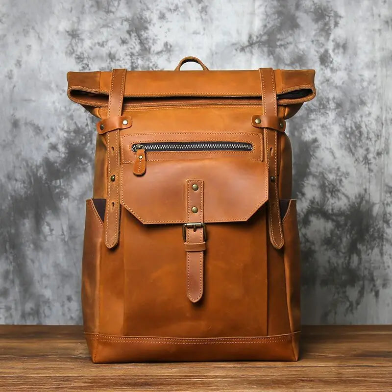 NZPJ Vintage Genuine Leather Men's Backpack Crazy Horse Leather Computer Bag Natural Top Layer Cowhide Backpack Travel Bag