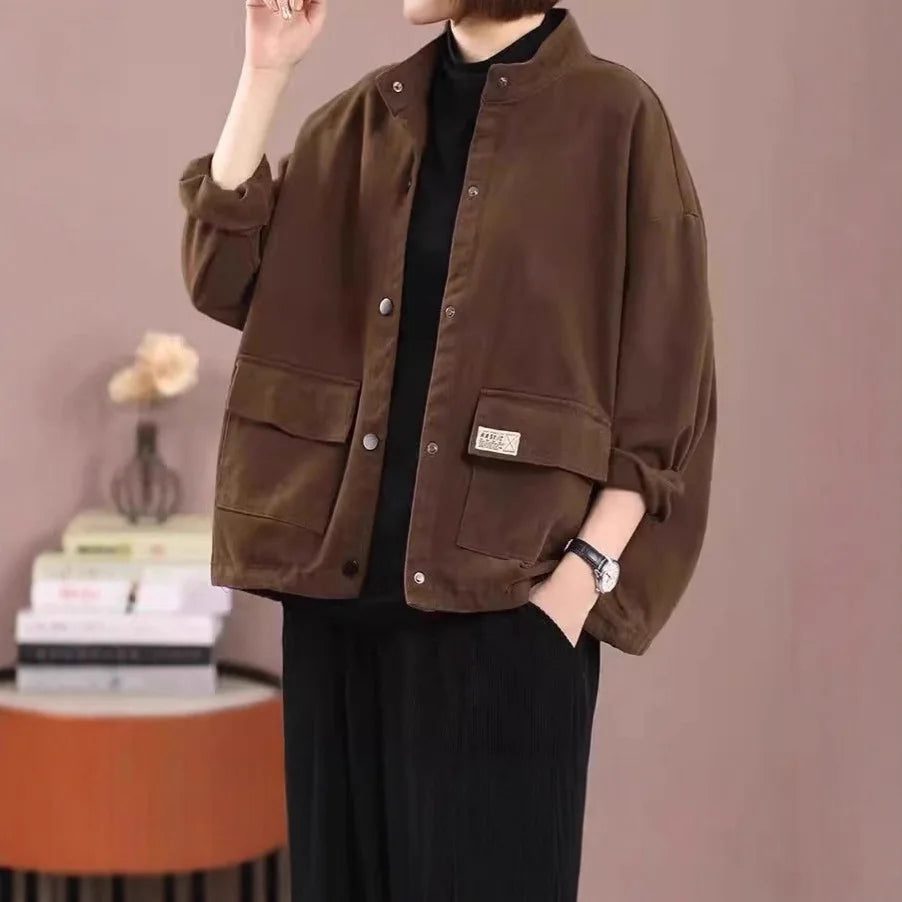 Loose Casual Women's Workwear Jacket Stand Collar Short Cardigan Outerwear Comfortable Polyester Cotton Blend Street Style