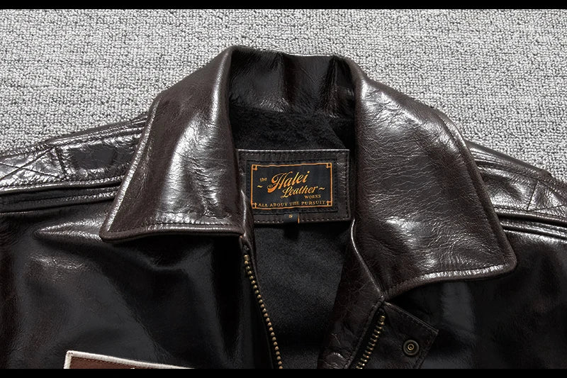 Men's Genuine Leather Military Flight Jacket | Real Leather Embroidered Patches G-1 Bomber Pilot High-Gloss Oil-Wax Brown
