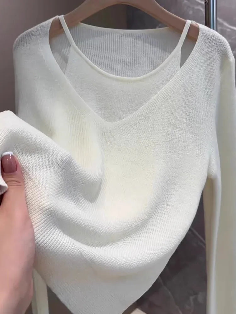 Ladies' Knitted Woolen Loose Fashionable Top Hollow out Fake Two-Piece Style Autumn New Arrival Comfortable Casual Korean Style