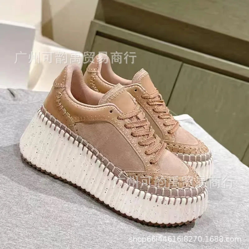 New 2025 Women's Thick Bottom Sports Shoes Sewn Casual Cowhide High Toppling Bottom Flat Shoes Comfortable Breathable Leather