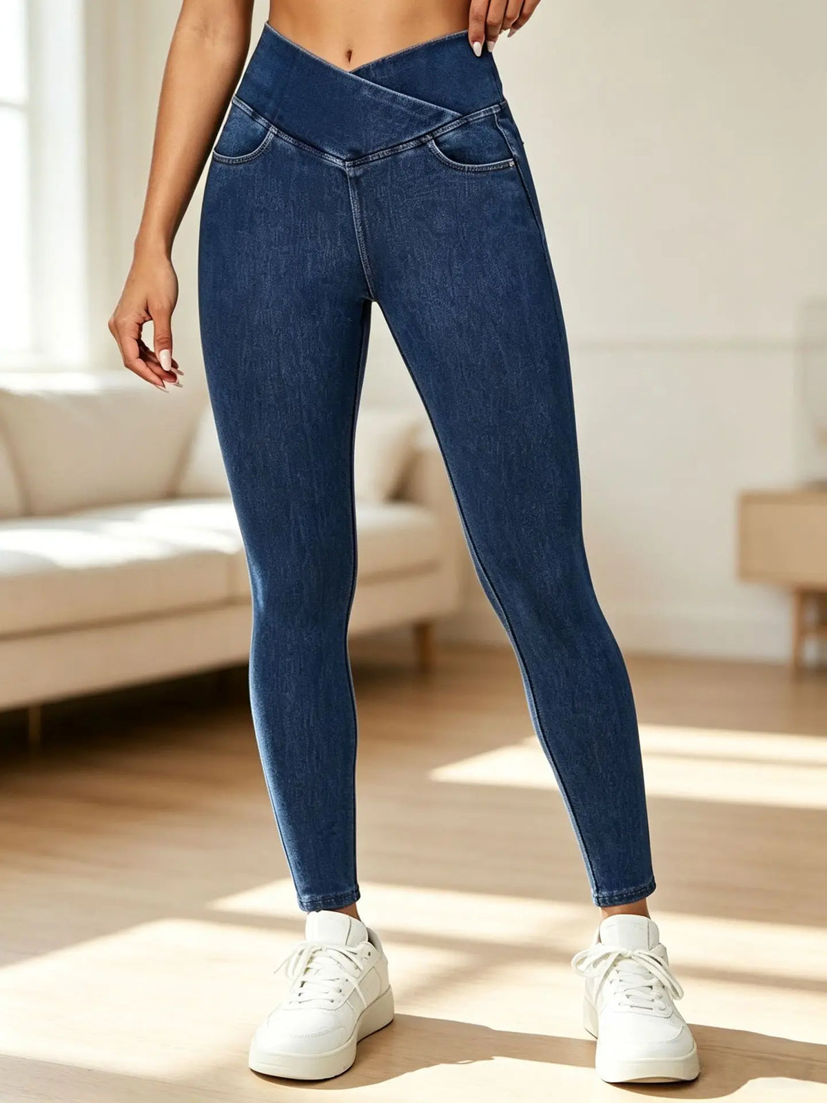 High Elasticity Yoga Jeans Women's Casual Straight Leg Pocket Design Slimming Tight Fit Princess Series Polyester Fiber