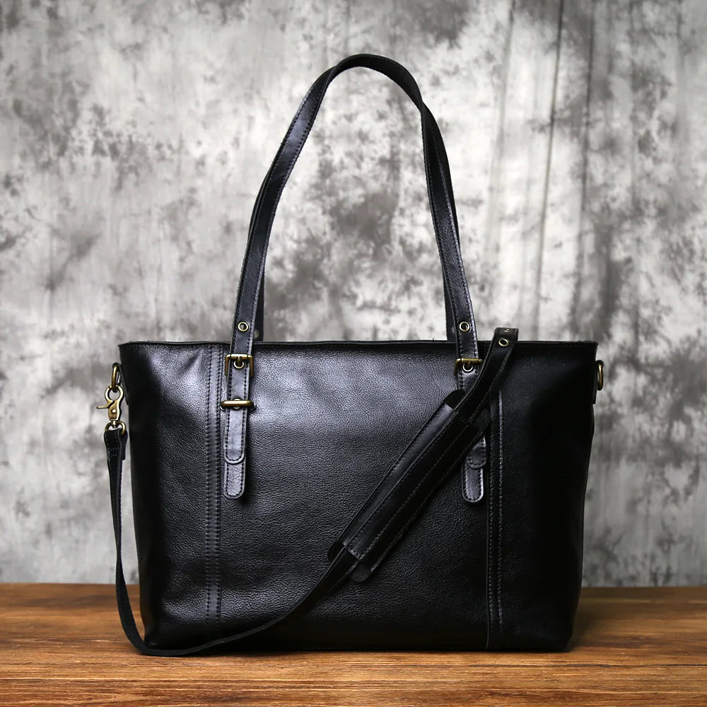 NZPJ Vintage Genuine Leather Tote Bag Crazy Horse Leather Handheld Crossbody Bag Top-Grain Cowhide Briefcase for Men and Women