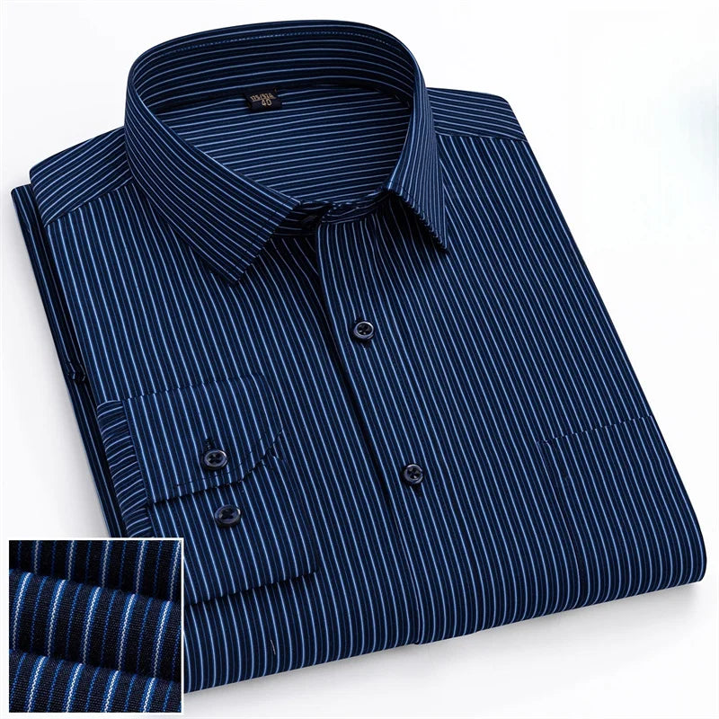 Men Formal Shirt Long Sleeve Office Solid Color Striped Fashion Business Pocket White Social Shirt Men's Clothing 5XL 6XL