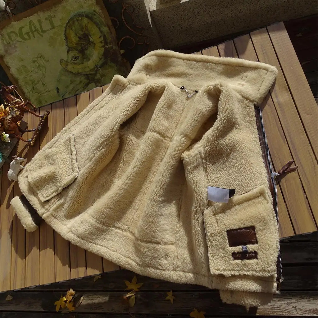 Dark Brown Winter Shearling Jacket Men Retro Style Plus Size 4XL Genuine Natural Thick Sheepskin Turn-Down Collar Flight Coat