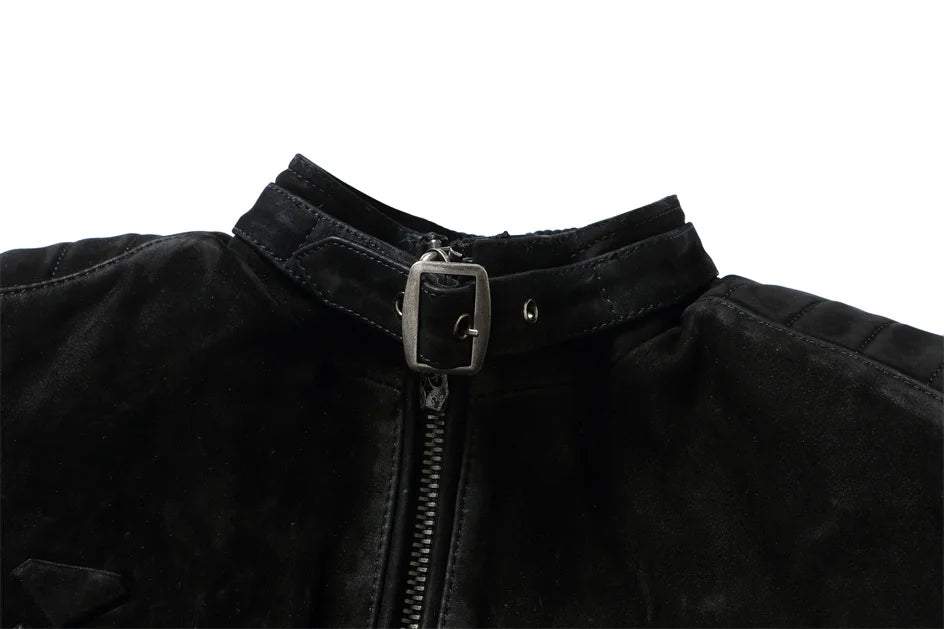 Black Winter Leather Jacket Men Vintage Style Plus Size 3XL Genuine Natural Thick Cow Suede Stand Collar Skulls Pattern Coat