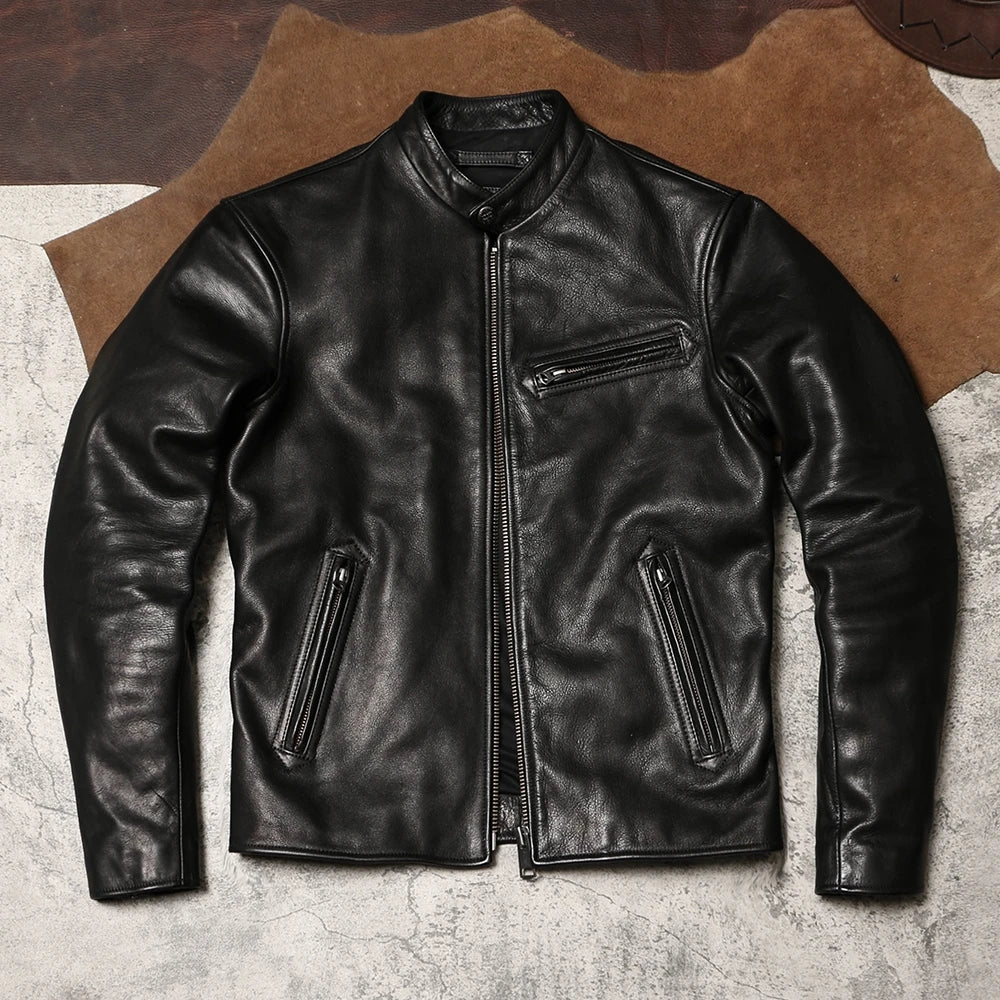 Black Winter Leather Jacket Men Sports Style Plus Size 4XL Genuine Natural Thick Cowhide Stand Collar Slim Fit Leather Coat