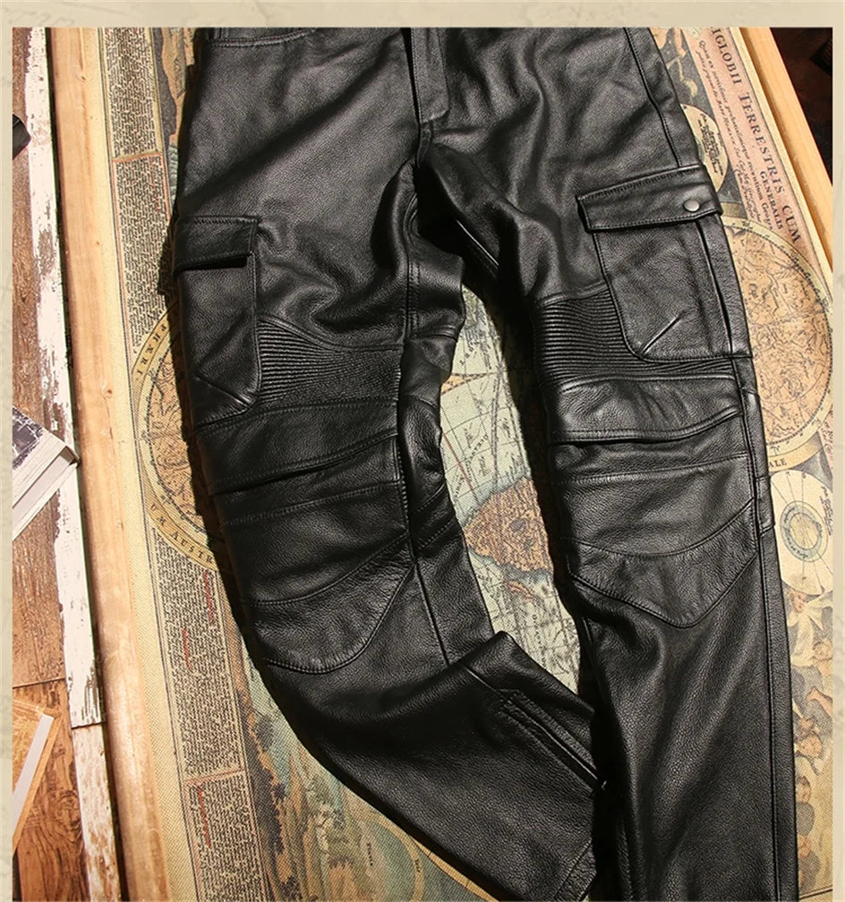 Retro Black Winter Leather Trousers Men Vintage Style Genuine Natural Cowhide Can Add Motorcycle Protection Device Leather Pants