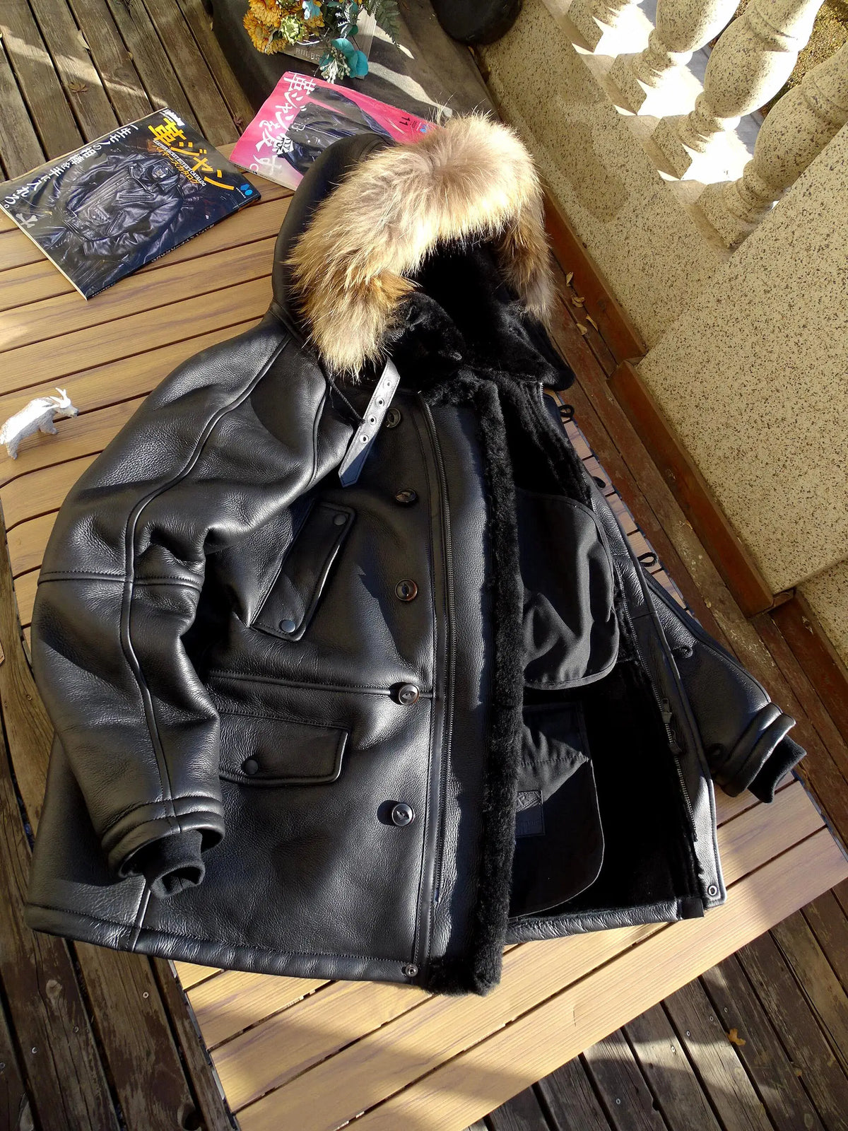 Black Winter Hooded Shearling Jacket Men Casual Style Plus Size 3XL Genuine Natural Thick Sheepskin Warm Single Breasted Coat