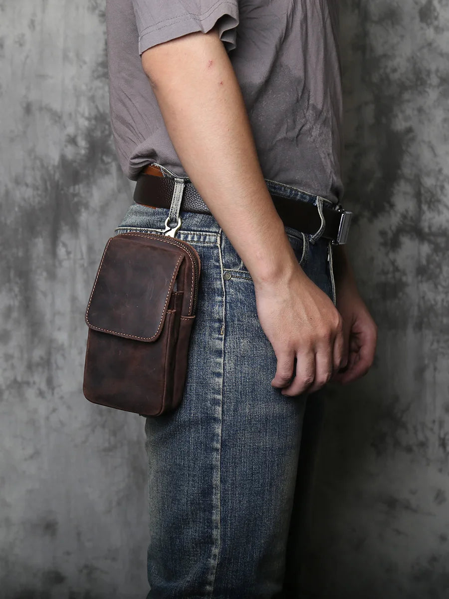 NZPJ Genuine Leather Men's Waist Bag Vintage Crazy Horse Leather Saddlebag Casual Top-Grain Cowhide Cell Phone Pouch