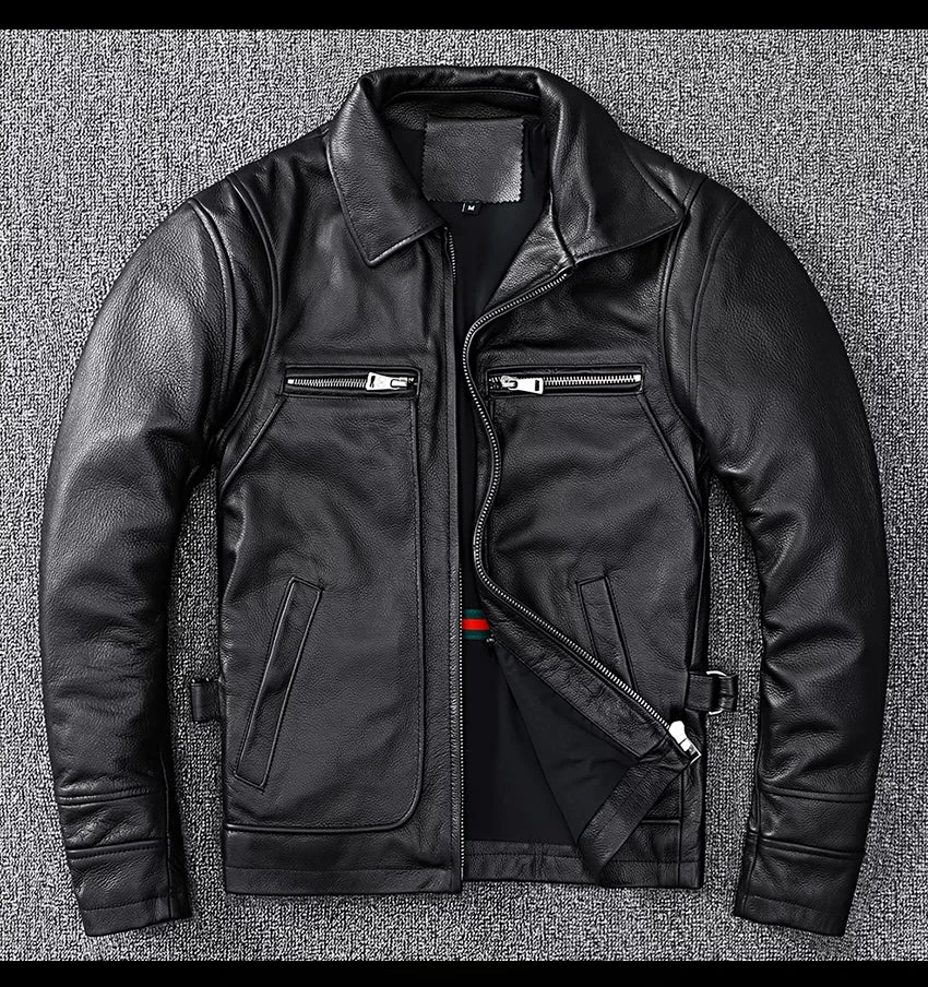 Black Autumn Leather Jacket Men Retro Style Plus Size 8XL Genuine Natural Cowhide Turn-Down Collar Smart Casual Coat
