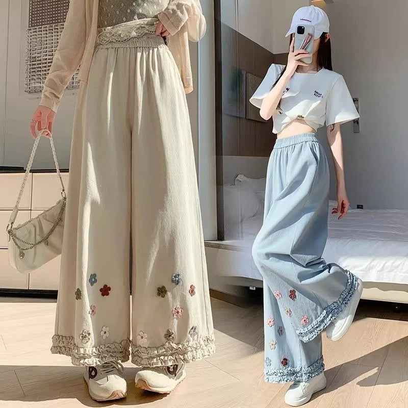 High Waist Thin Wide Leg Pants Women's Spring Summer Fashion Casual Loose Fit Nine Point Straight Cut Pants Lace Trim