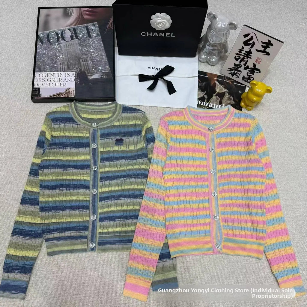 Colorful Striped Knitted Vest Hollow out Slimming U-Neck Summer Cardigan Fashionable Women's Clothing Breathable Ice Silk