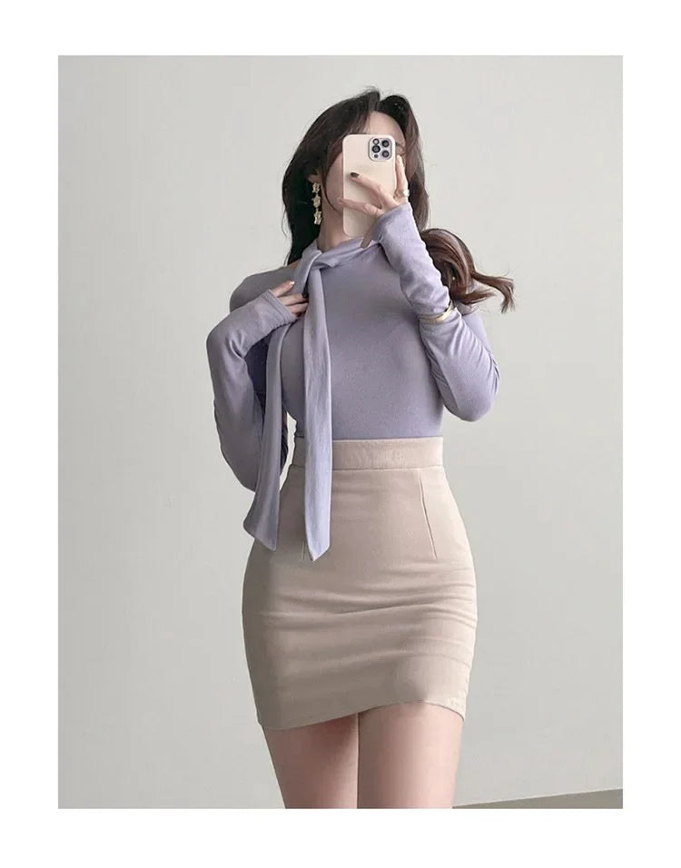 Korean Style Women's Long Sleeve T-Shirt Bow Design Halter Neck Slim Fit Comfortable Base Shirt Cotton Spring Summer Top