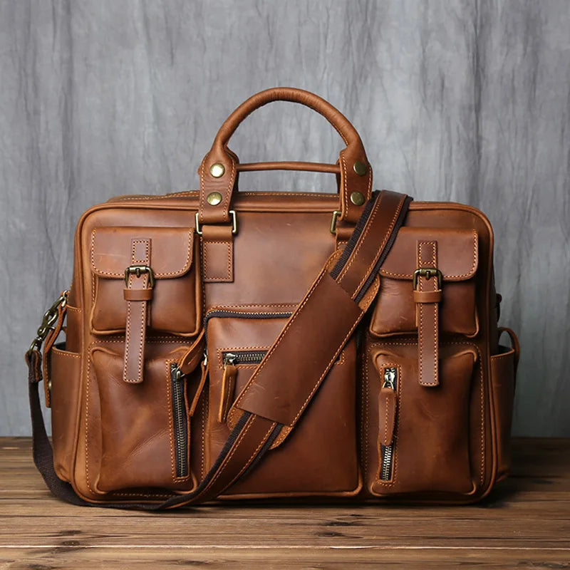 Retro Men's Leather Handbag Top Layer Cowhide Briefcase Large Capacity Travel Bag Crazy Horse Leather Laptop Shoulder Bag NZPJ