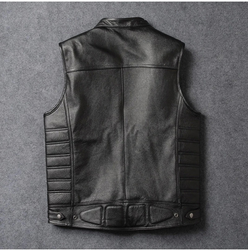 Black Four Seasons Leather Vest Men Vintage Style Plus Size 4XL Genuine Natural Cowhide Stand Collar Rivets Vest