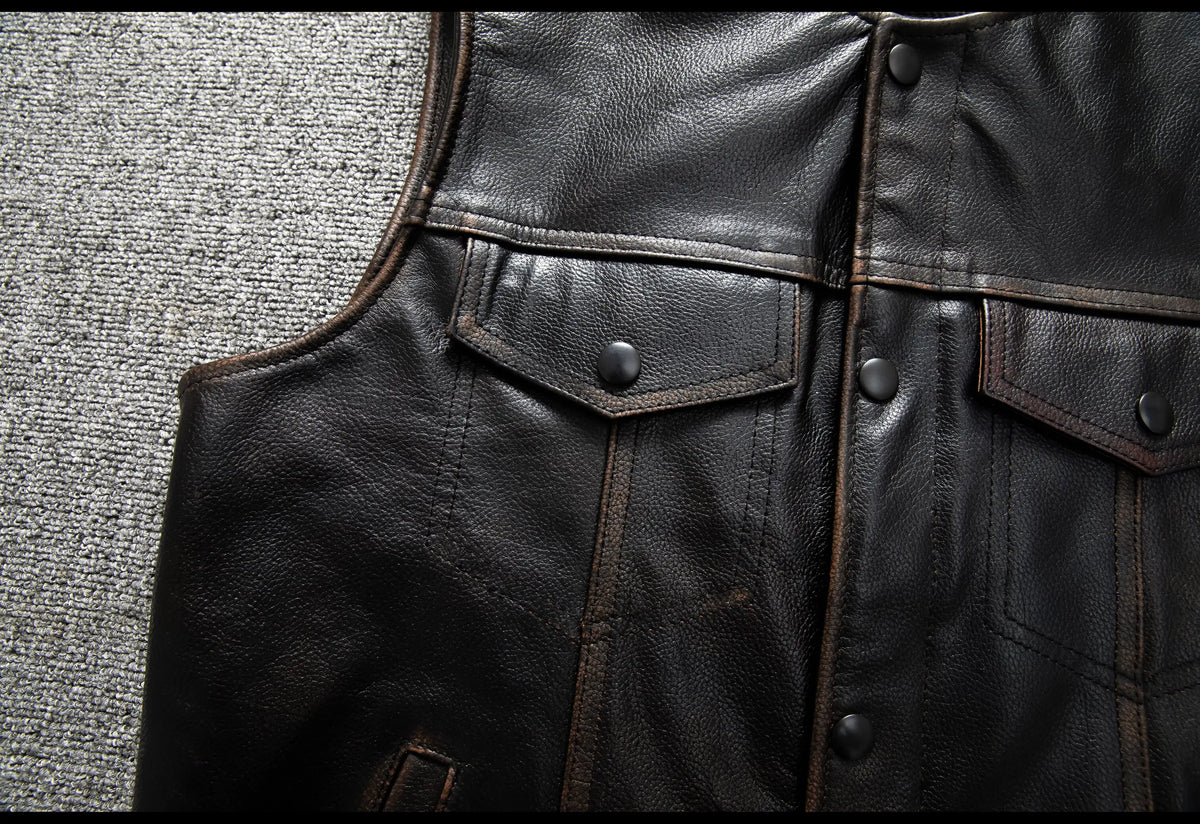 Red Brown Spring Leather Vest Men Retro Style Plus Size 6XL Genuine Natural Cowhide O-Neck Collar Slim Fit Short Sleeveless Coat