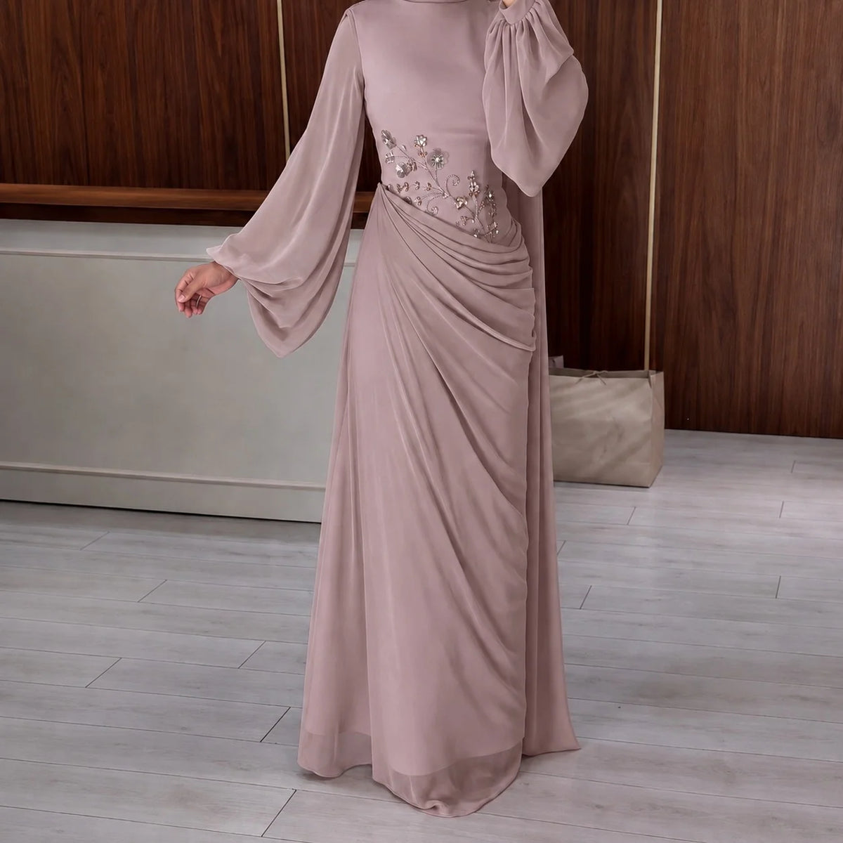 Elegant Long Sleeve Sequin Decorated Floral Chiffon Dress Bodycon Maxi Skirt Style Polyester Fabric round Neckline High Waist