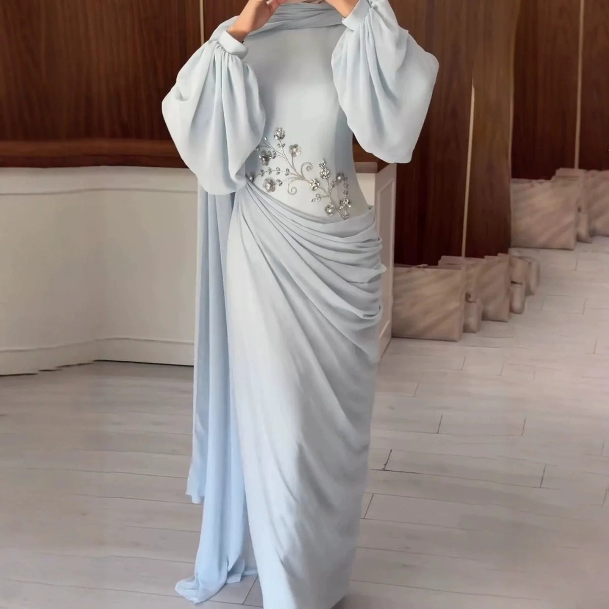 Elegant Long Sleeve Sequin Decorated Floral Chiffon Dress Bodycon Maxi Skirt Style Polyester Fabric round Neckline High Waist