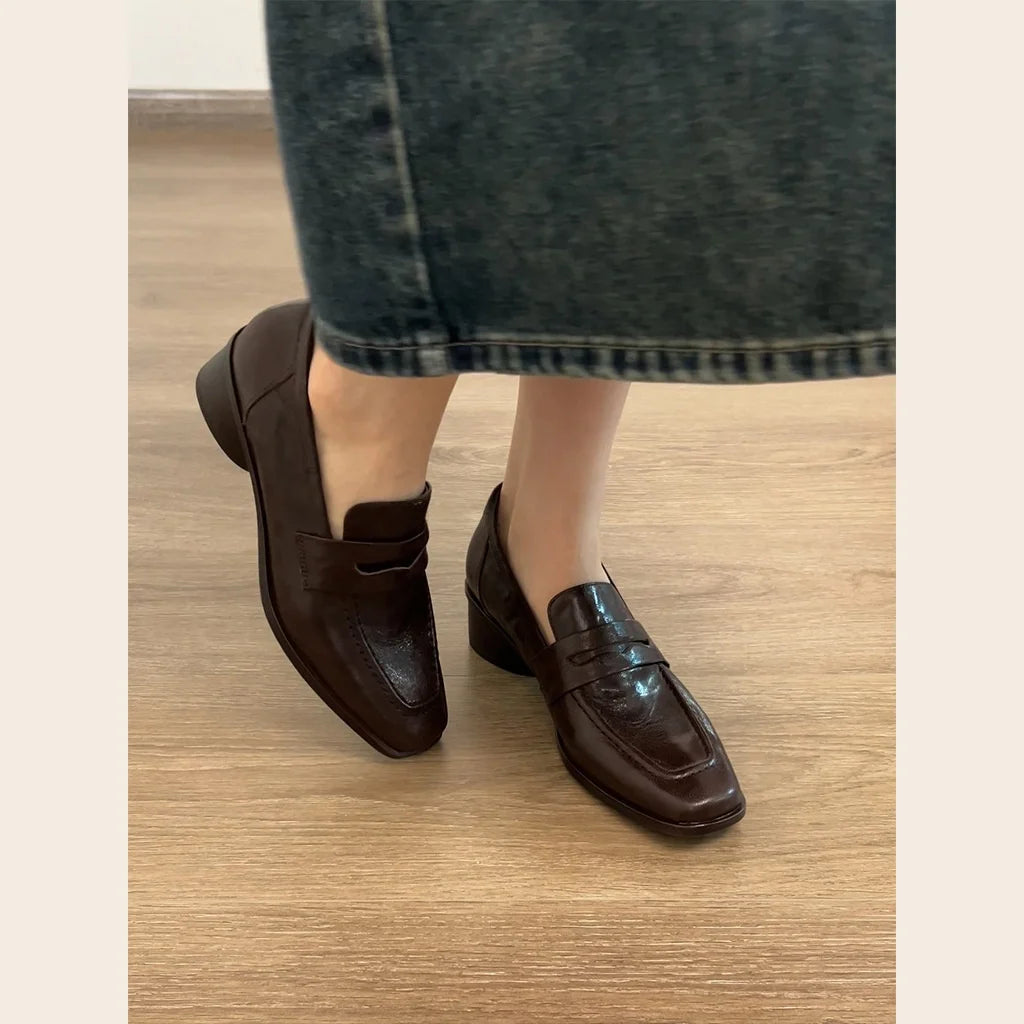 Trendy Work Shoes Women's Slip-On Loafers Artistic Style High Intelligence Sensation British Style Square Head Thick Heel Lea...
