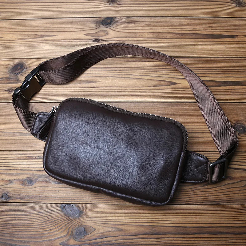 NZPJ Genuine Leather Men's Chest Bag, Natural Cowhide Crossbody Bag, Casual Shoulder Bag, Sports Multifunctional Phone Waist Bag