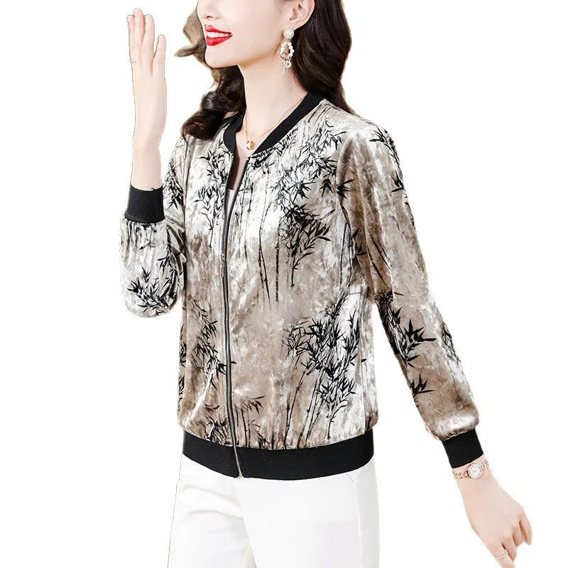 Gold Velvet Short Sleeveless Jacket Women's 2026 Spring Autumn Floral Print Thin Long Sleeve Baseball Style Casual Comfortable