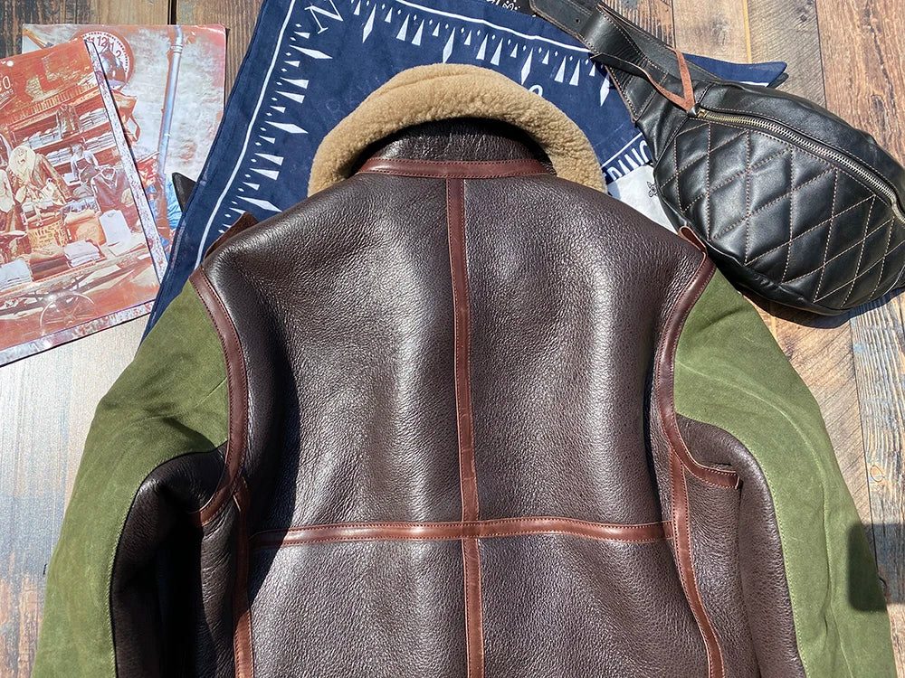 Dark Brown Winter Shearling Jacket Men Retro Style Plus Size 6XL Genuine Natural Thick Sheepskin Turn-Down Collar Flight Coat