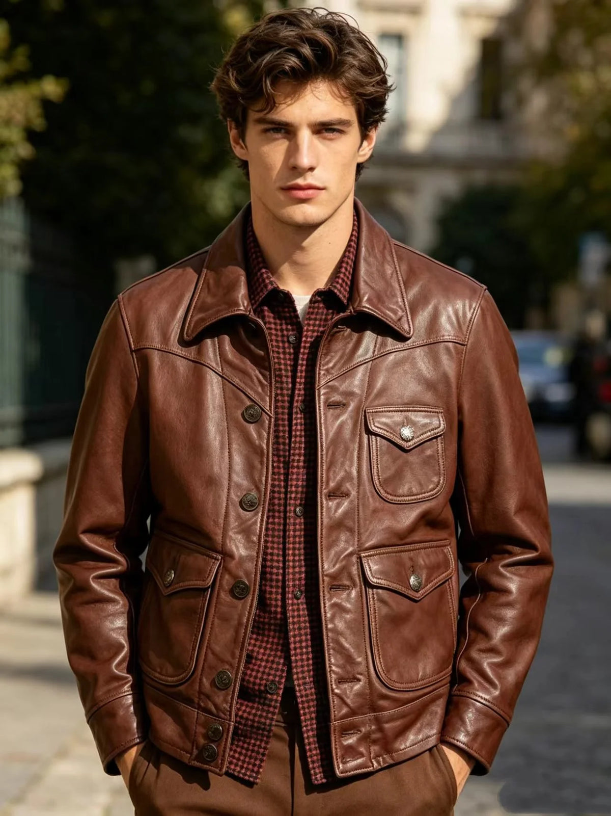 Genuine Natural Sheepskin Turn-Down Collar Single Breasted Coat Red Brown Spring Leather Jacket Men Retro Style Plus Size 4XL