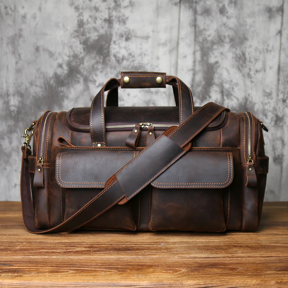 NZPJ Retro Men's Genuine Leather Travel Bag Crazy Horse Leather Large Capacity  Crossbody  Top-Grain Leather Handbag