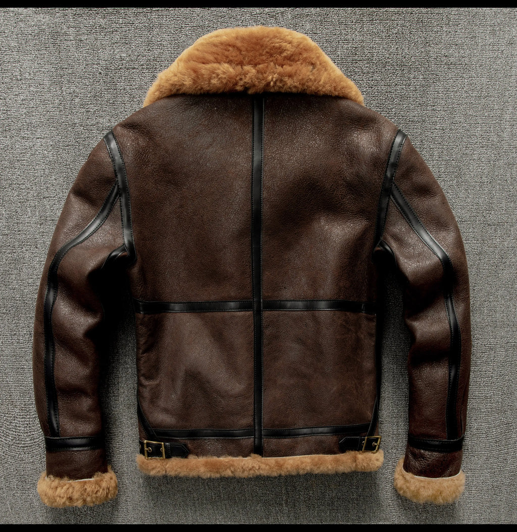 Brown Winter Shearling Jacket Men Retro Style Plus Size 5XL Genuine Natural Sheepskin Turn-Down Collar Thick Warm B3 Flight Coat