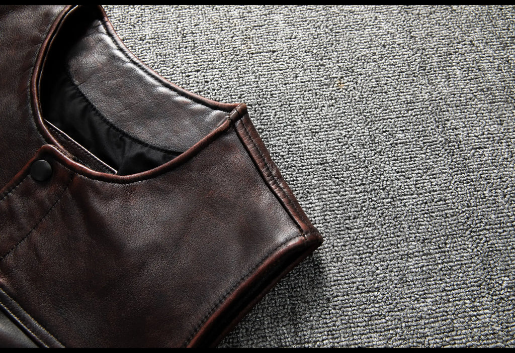 Red Brown Spring Leather Vest Men Retro Style Plus Size 6XL Genuine Natural Cowhide O-Neck Collar Slim Fit Short Sleeveless Coat