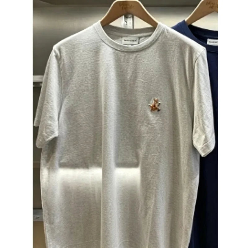 Embroidered Fox round Neck Short Sleeve T-Shirt Cotton Casual Loose Fit Youth Fashion Spring New Arrival Fox Pattern Tee