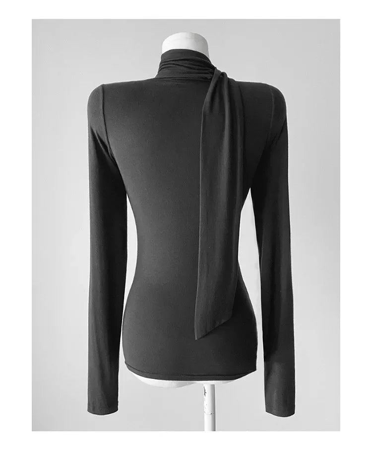 Korean Style Women's Long Sleeve T-Shirt Bow Design Halter Neck Slim Fit Comfortable Base Shirt Cotton Spring Summer Top