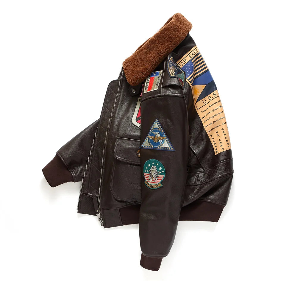 Black Winter Leather Jacket Men Retro Style Europe Size Genuine Natural Thick Cowhide Turn-Down Collar G1 Flight Coat