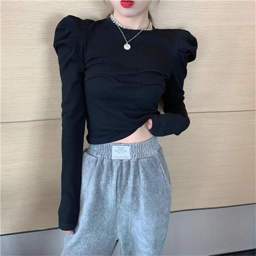 Slim Fit round Neck Long Sleeve Bubble Sleeve Top Women's Autumn Winter Short Base Layer Shirt Hong Kong Style Design Sense Top