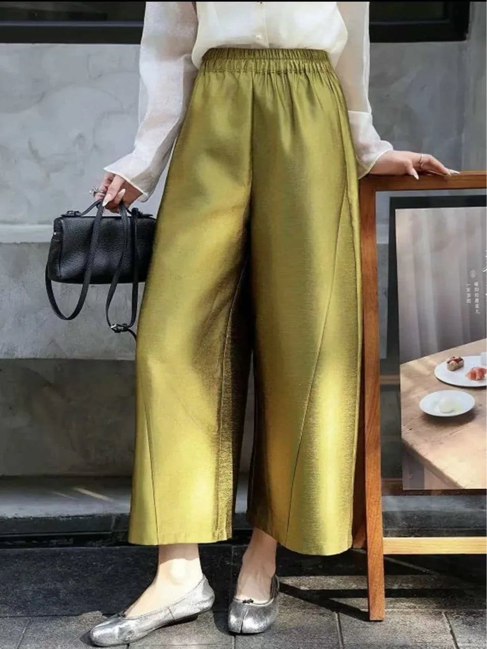New Chinese Style Nine-Piece Silk-Light Casual Pants Women's Loose Fit Trousers in Peach Blossom White Elegant And Retro