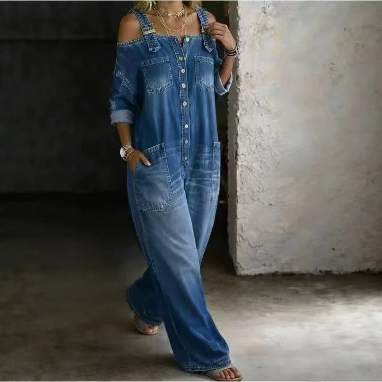 Sexy Fashion Shoulder Bared Denim Overalls with Pockets Wide Leg Street Style Loose Waist Cotton Blend Polyester Blend