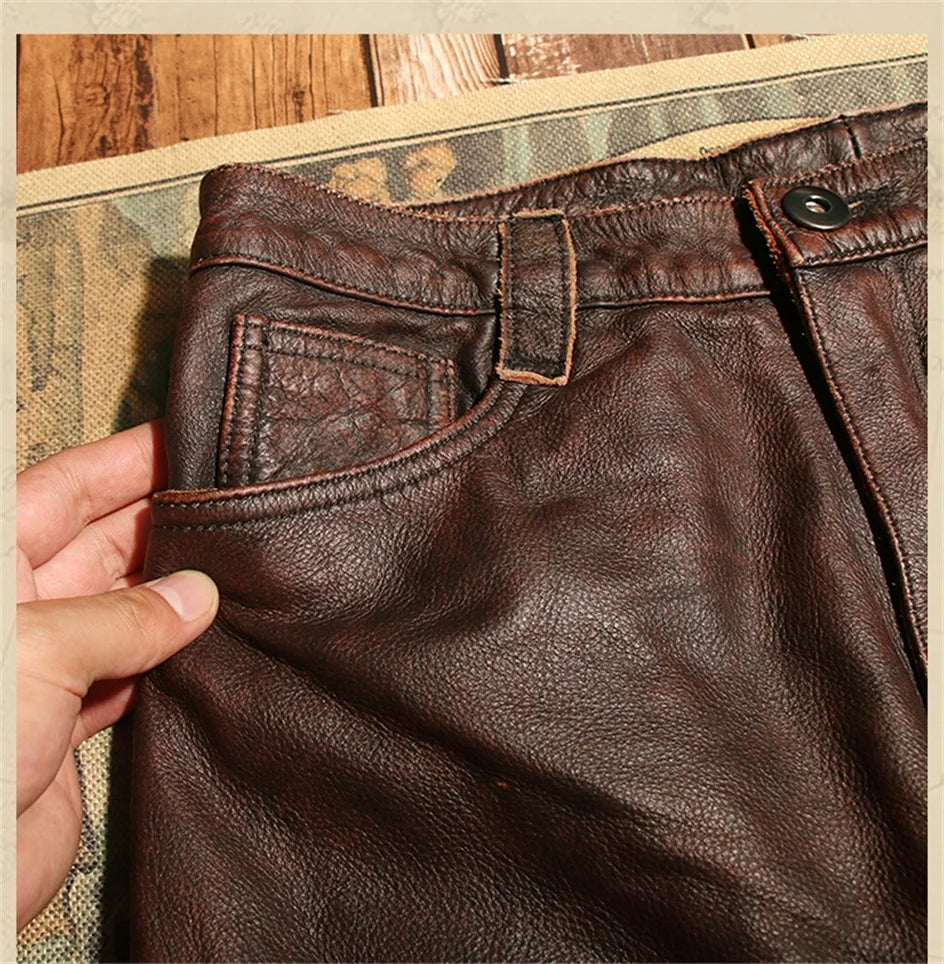 Retro Black Winter Leather Trousers Men Vintage Style Genuine Natural Cowhide Can Add Motorcycle Protection Device Leather Pants