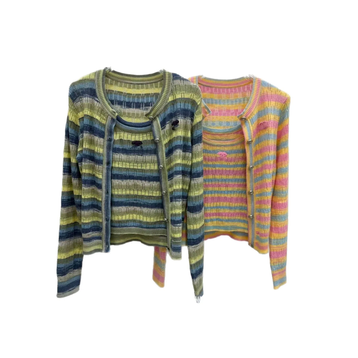 Colorful Striped Knitted Vest Hollow out Slimming U-Neck Summer Cardigan Fashionable Women's Clothing Breathable Ice Silk
