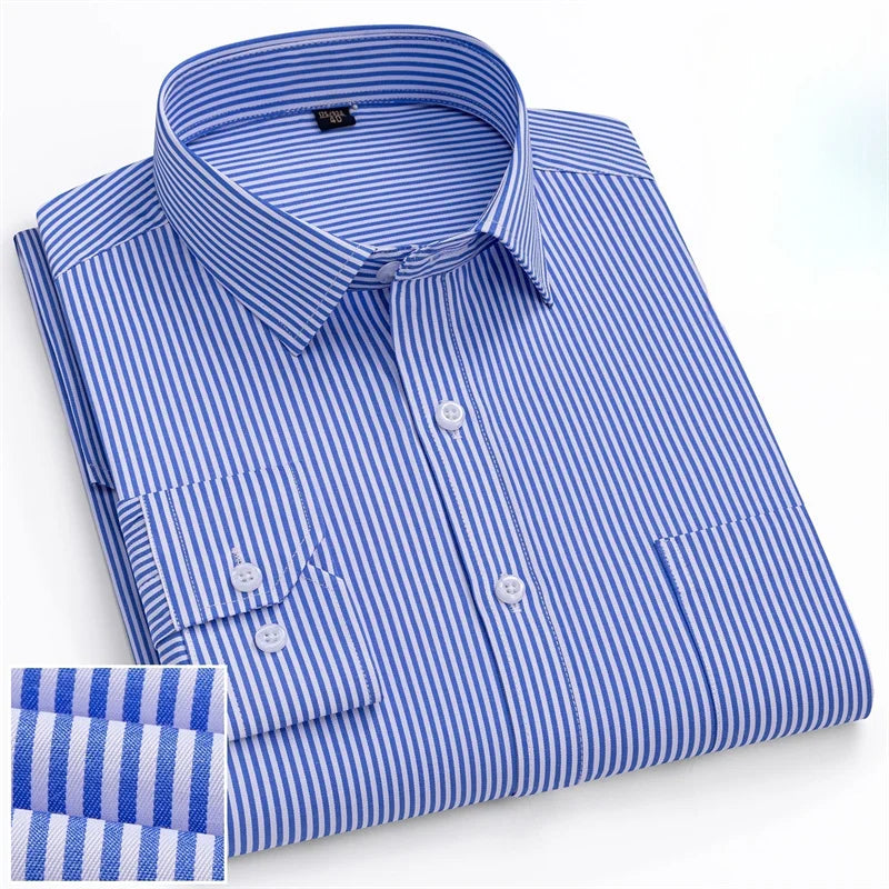 Men Formal Shirt Long Sleeve Office Solid Color Striped Fashion Business Pocket White Social Shirt Men's Clothing 5XL 6XL