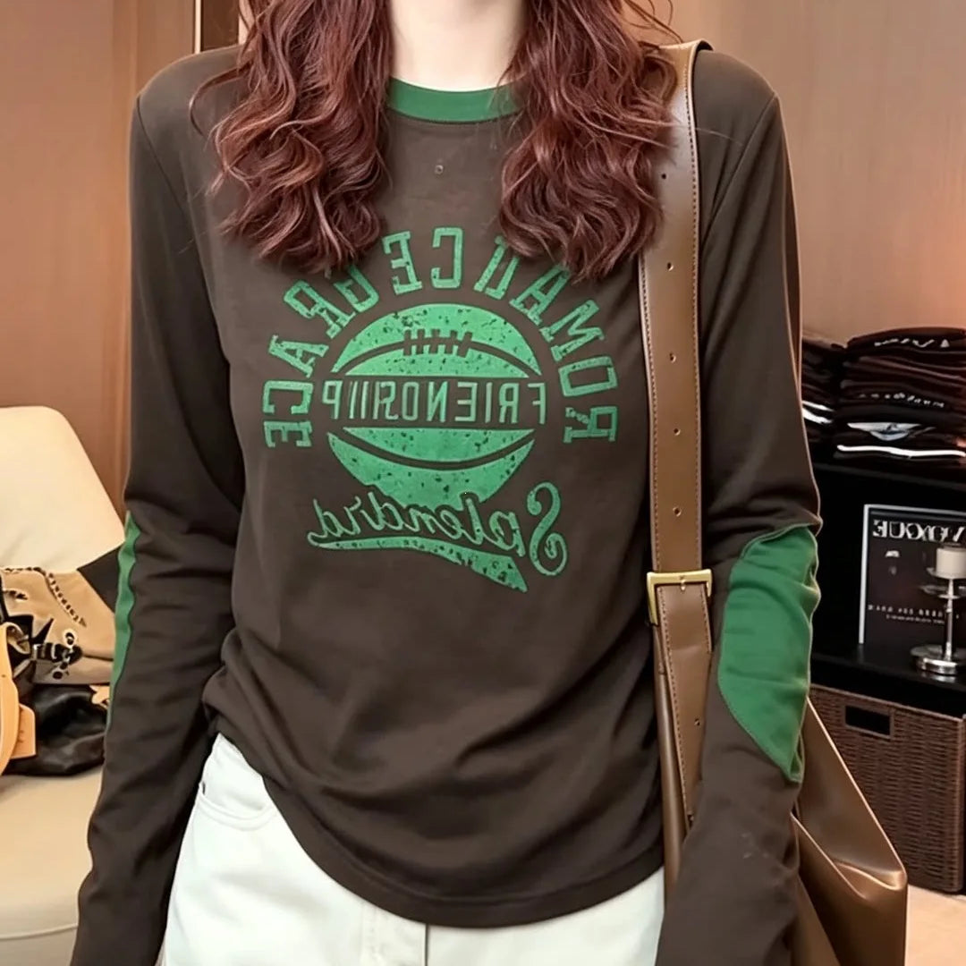 Long Sleeve Letter Print T-Shirt Women's Early Autumn New Splicing Sleeve Slimming Youthful Top Casual Style Polyester Fabric