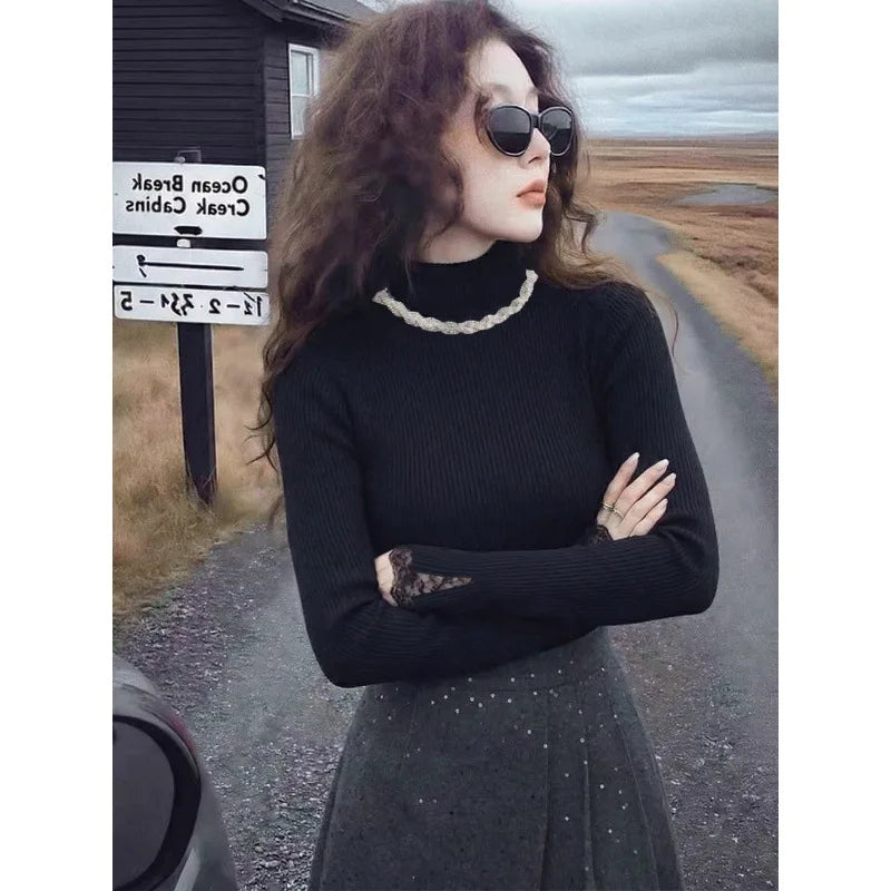 French Elegant Lace Splice Diamond Collar Knitted Sweater Women's Autumn Winter Slim Fit Base Shirt Long Sleeve Knitwear