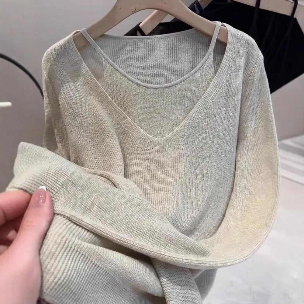 Ladies' Knitted Woolen Loose Fashionable Top Hollow out Fake Two-Piece Style Autumn New Arrival Comfortable Casual Korean Style