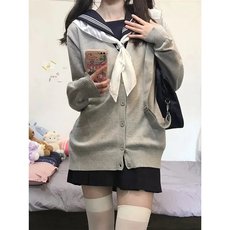 Women's Autumn/Winter Japanese Style Knitted Cardigan Sweater Preppy Style Long Sleeve Loose-Fit Top Layered Polo Collar